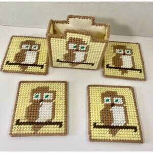 Vintage OWL Coaster Set of 4 w Holder Needlepoint  Cottagecore Handmade 3.5x3 in